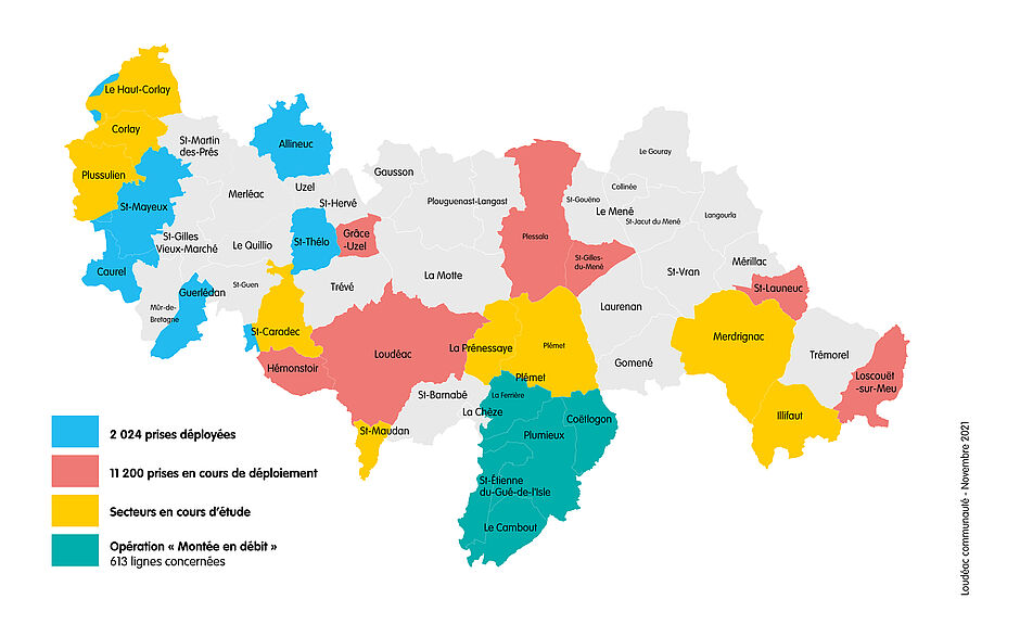 Carte du Très Haut Débit sur le territoire de Loudéac communauté - novembre 2021 - Agrandir l'image (fenêtre modale)